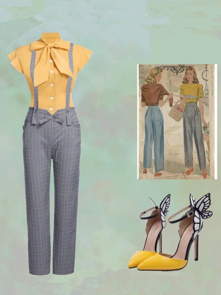 2 pezzi camicetta anni '50 e pantaloni con bretelle