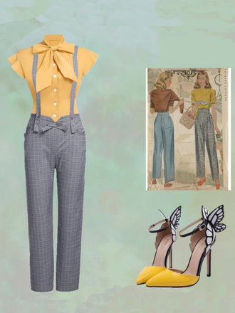 2 pezzi camicetta anni '50 e pantaloni con bretelle