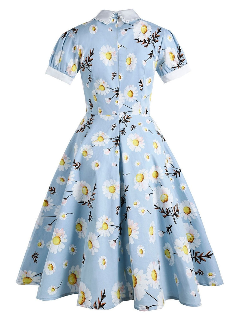 Abito svasato in pizzo floreale blu anni '50