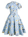 Abito svasato in pizzo floreale blu anni '50