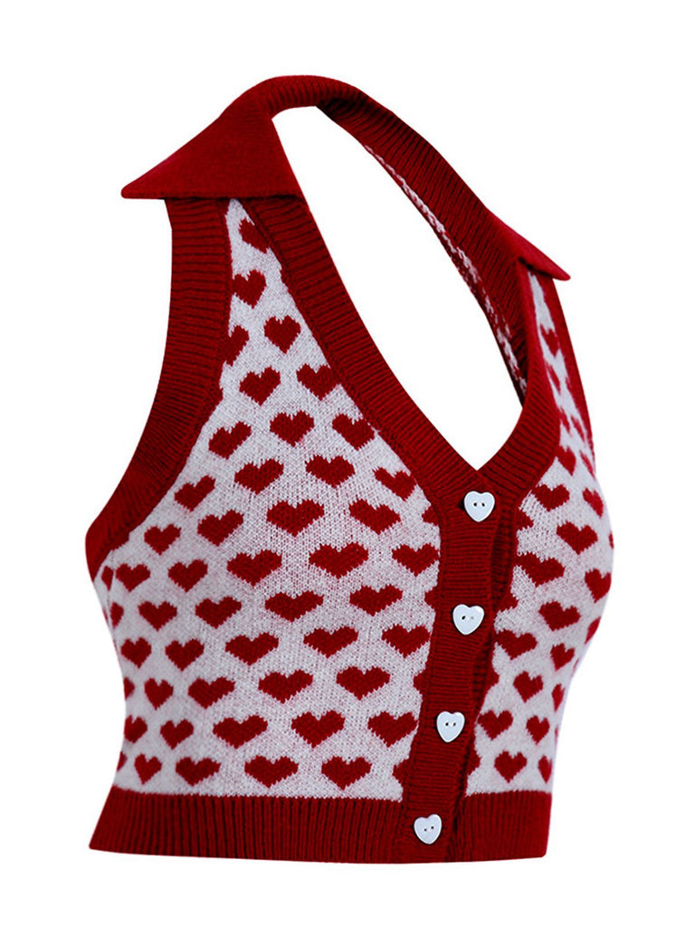 Top rossi con bottoni a forma di cuore lavorati a maglia anni '50