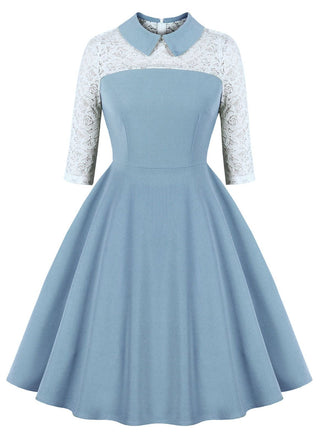 Abito blu in pizzo con colletto alla Peter Pan anni '50