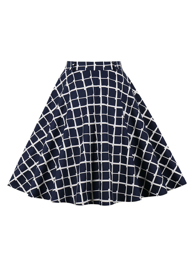 Gonna svasata con cintura scozzese blu navy anni '50
