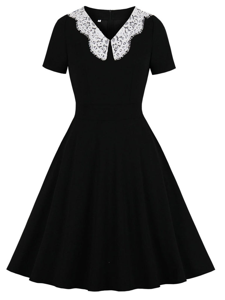 Abito solido patchwork in pizzo nero anni '50