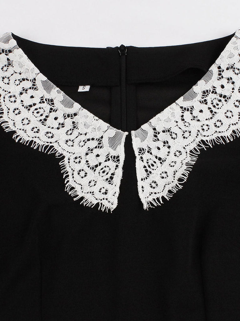 Abito solido patchwork in pizzo nero anni '50
