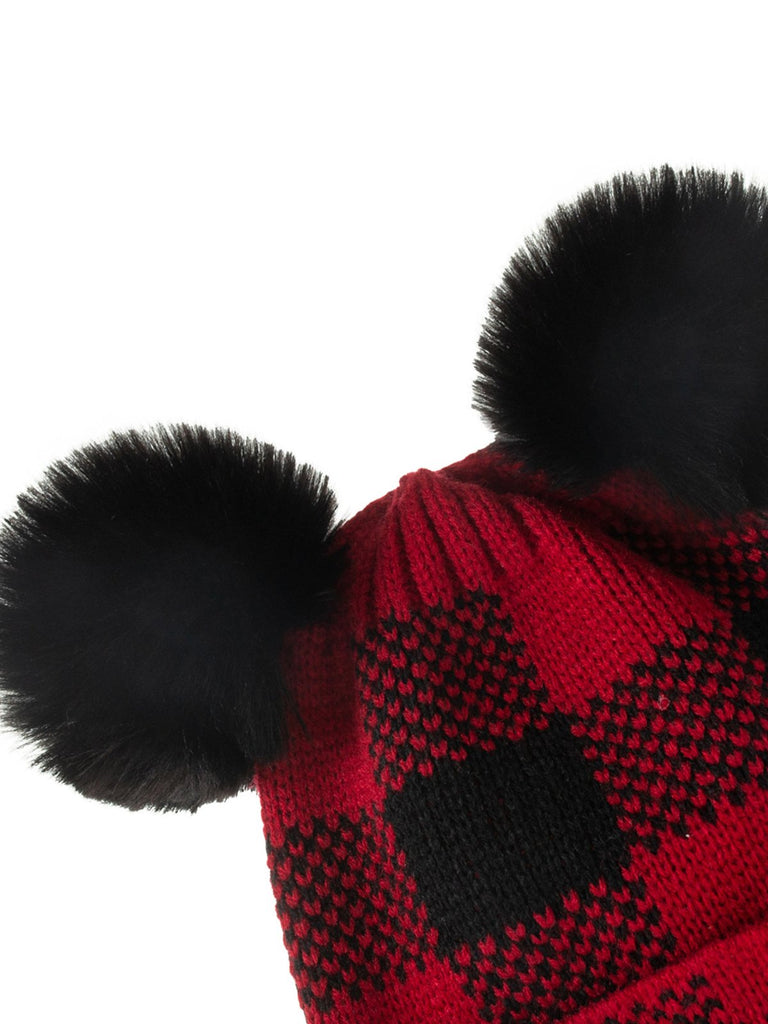 Cappello da genitore lavorato a maglia con palla di pelo scozzese rosso e nero