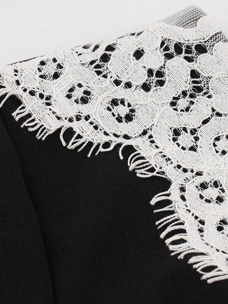 Abito solido patchwork in pizzo nero anni '50