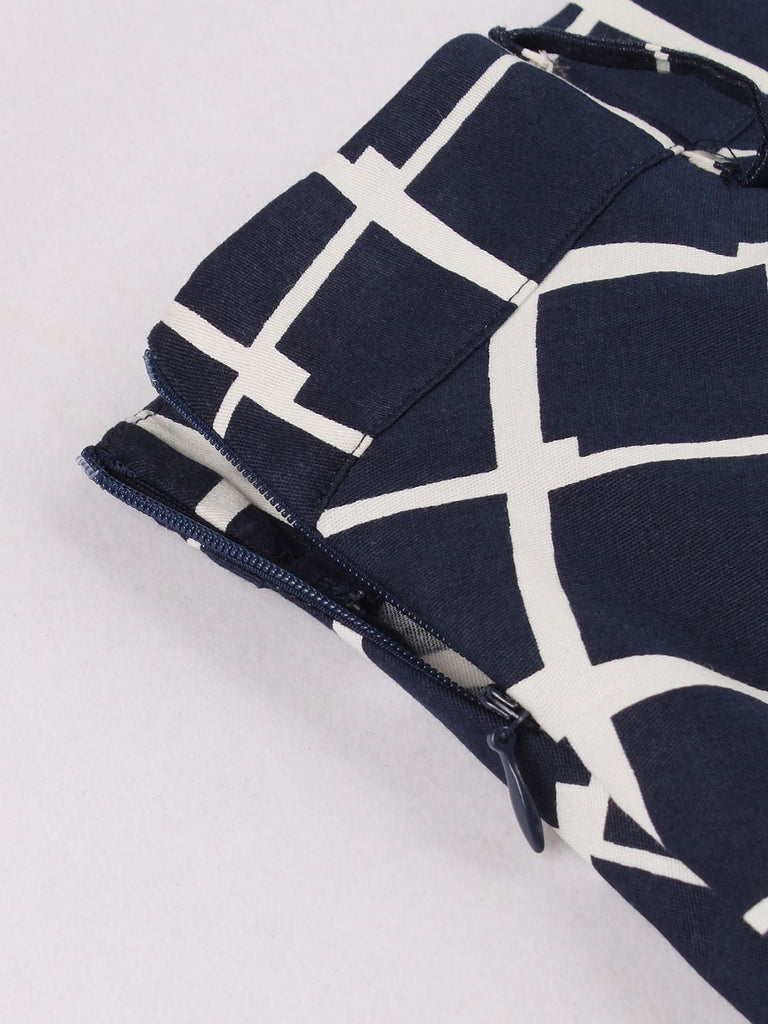 Gonna svasata con cintura scozzese blu navy anni '50