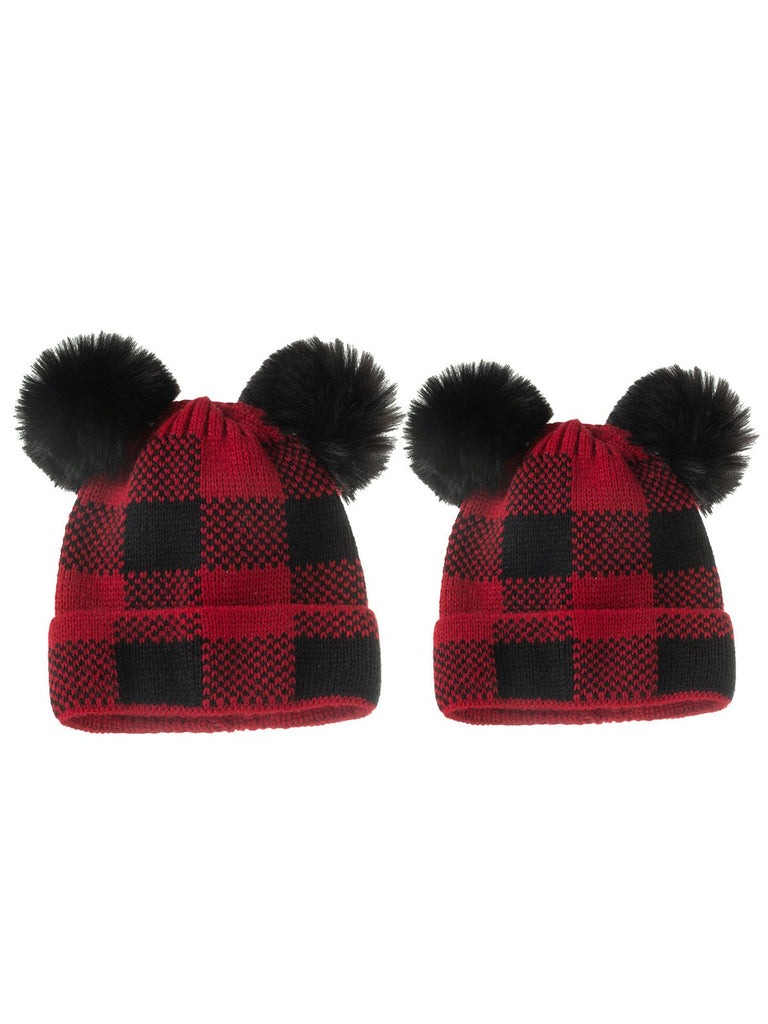 Cappello da genitore lavorato a maglia con palla di pelo scozzese rosso e nero