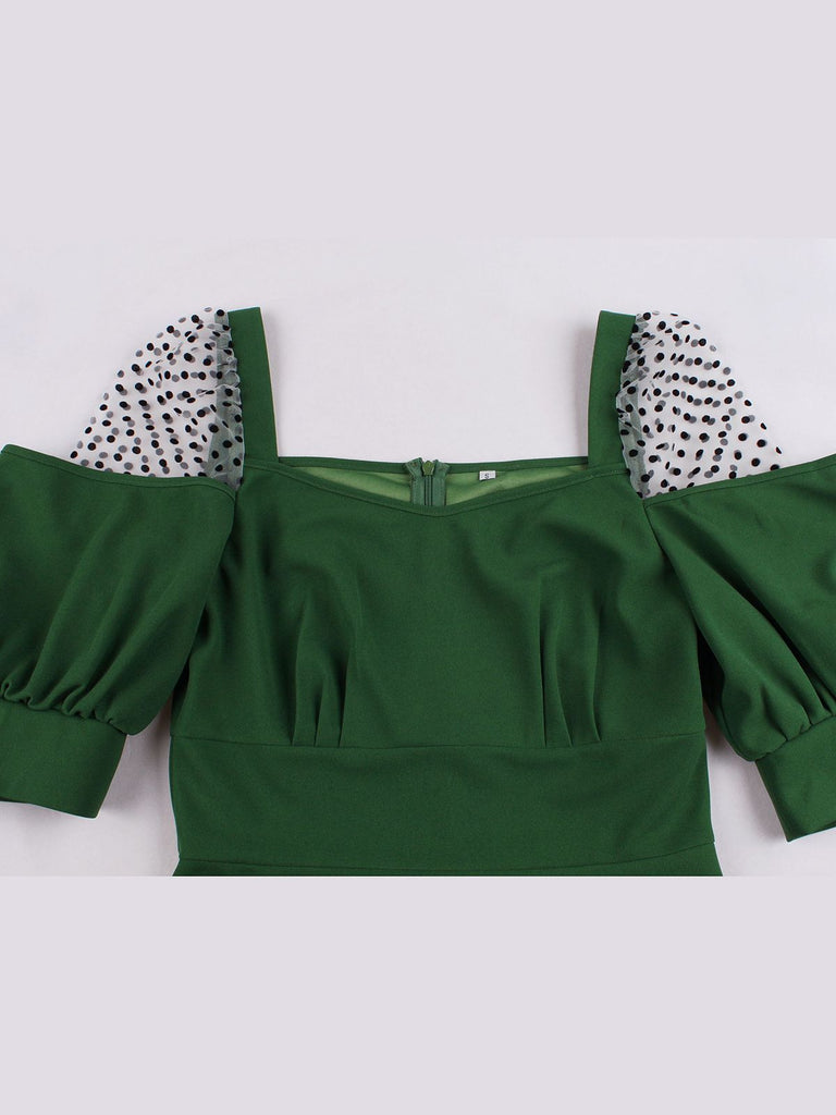 Abito tinta unita verde a pois anni '50