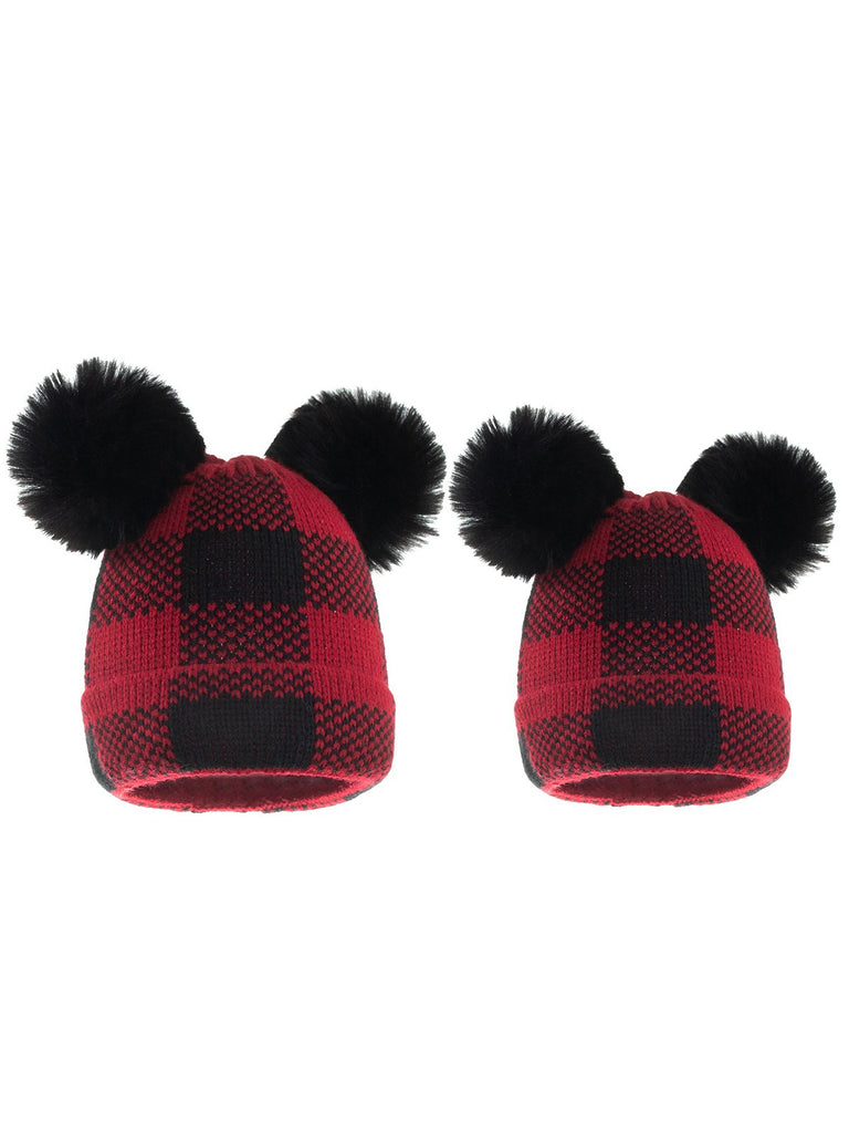 Cappello da genitore lavorato a maglia con palla di pelo scozzese rosso e nero
