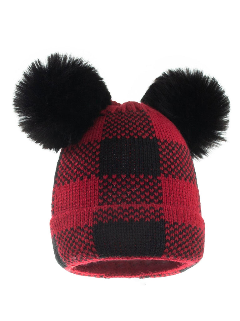 Cappello da genitore lavorato a maglia con palla di pelo scozzese rosso e nero