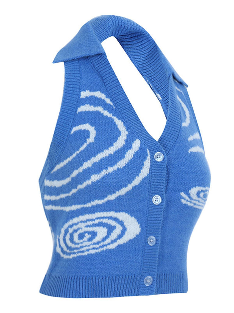 Top blu con bottoni all'americana per maglieria anni '50