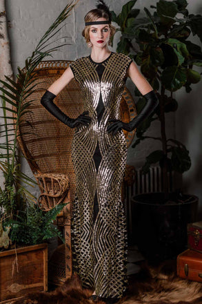 Abito lungo con paillettes oro anni '20