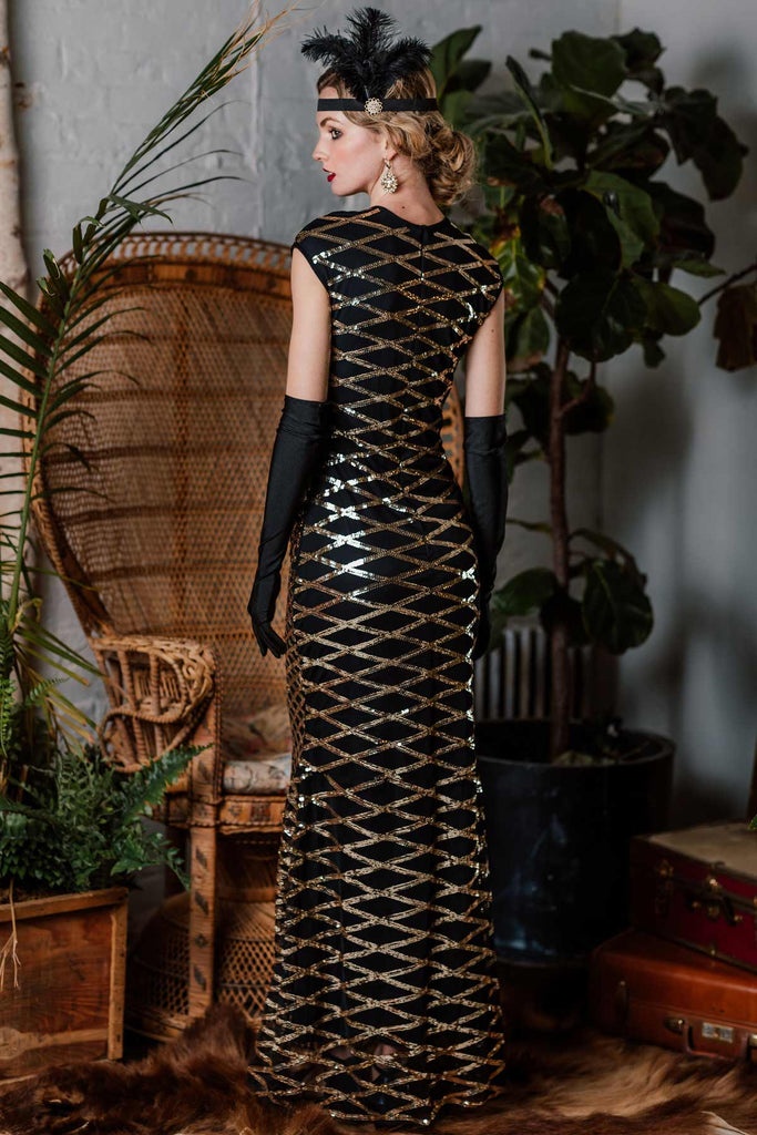 Abito lungo con paillettes oro anni '20
