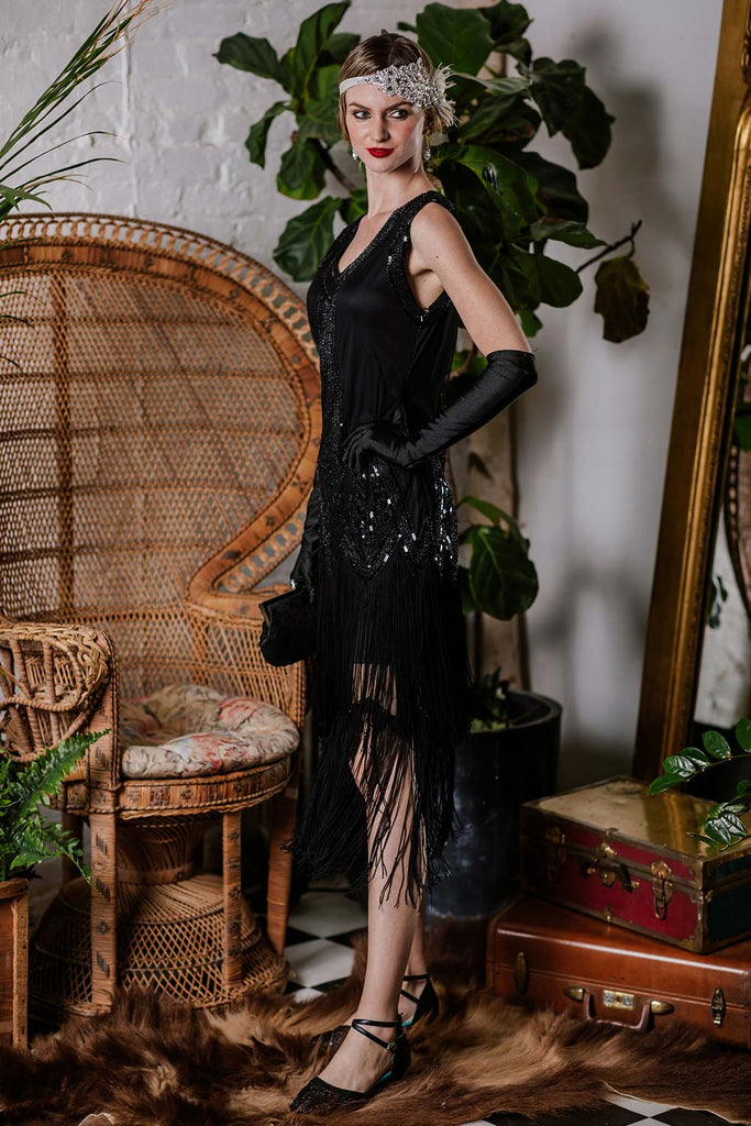 Vestito flapper con frange e perline anni 20 Retro Stage