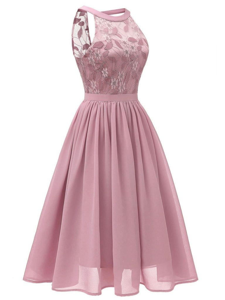 Abito svasato in pizzo floreale anni '50 rosa