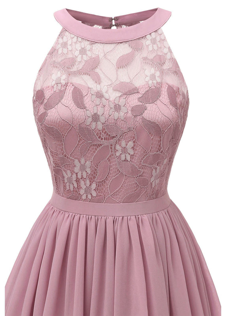 Abito svasato in pizzo floreale anni '50 rosa