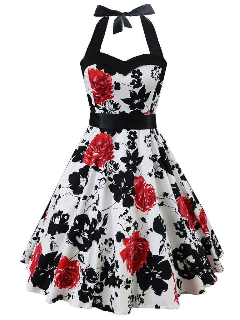 Abito bianco con scollo all'americana floreale anni '50