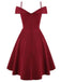 Vestito rosso a spalla fredda anni '50 con scollo a barchetta