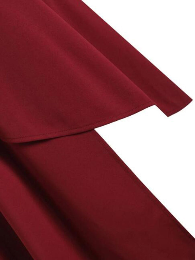Vestito rosso a spalla fredda anni '50 con scollo a barchetta