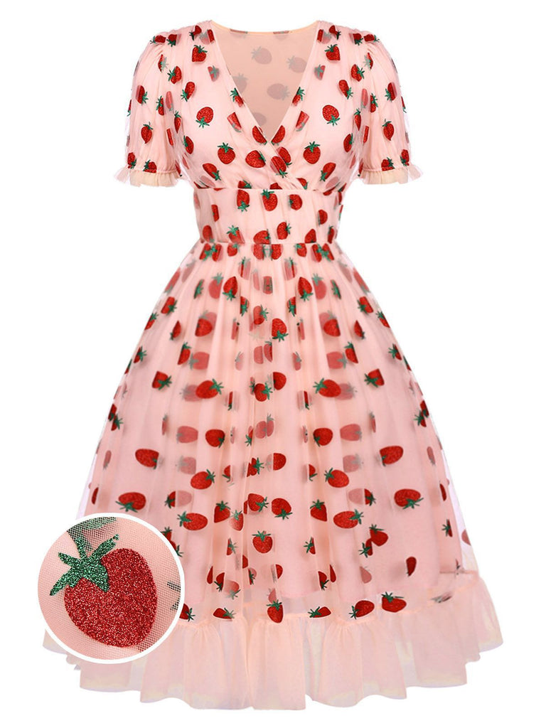 Abito Swing Fragola in pizzo rosa anni '50