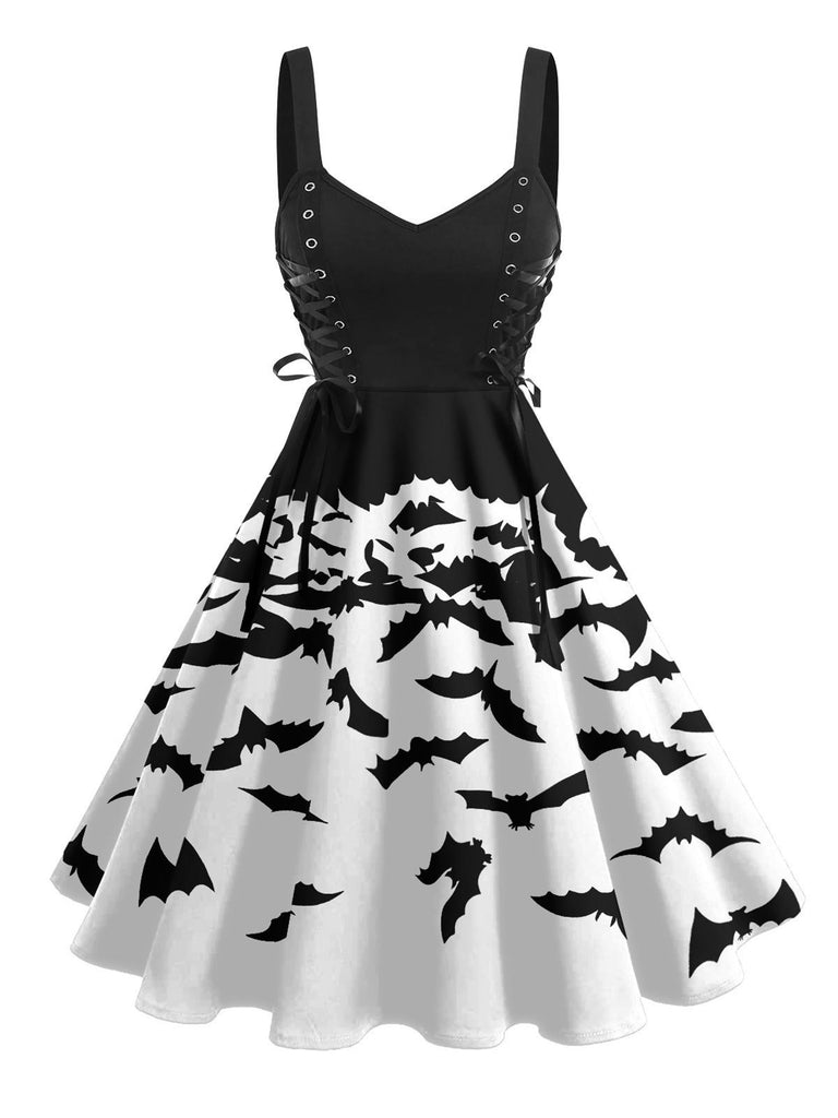 Abito da pipistrello con lacci patchwork nero anni '50
