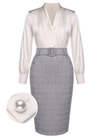 Camicetta avorio tinta unita e gonna grigia anni '60