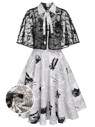 Abito a mantella da pipistrello stampa giornale bianco anni '50