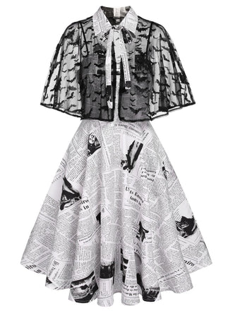 Abito a mantella da pipistrello stampa giornale bianco anni '50