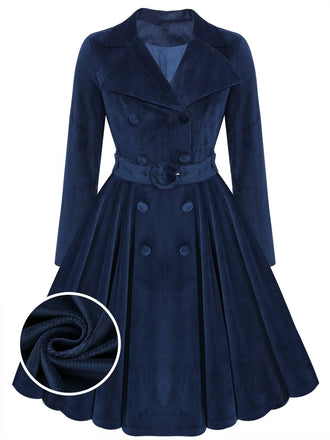 Cappotto lungo in velluto blu navy anni '50