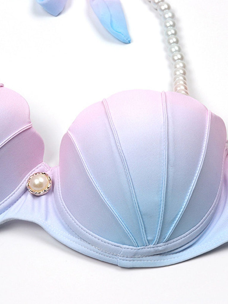 Set bikini rosa sfumato con gonna a conchiglia