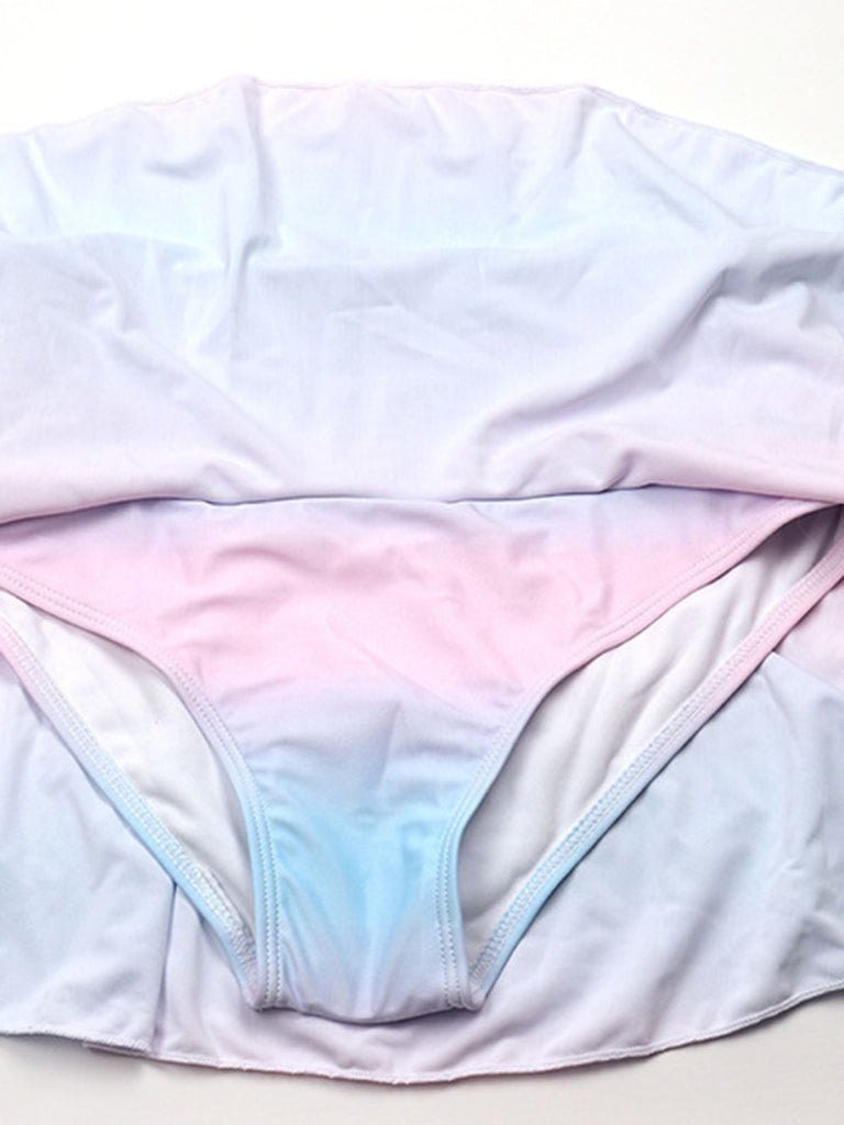 Set bikini rosa sfumato con gonna a conchiglia