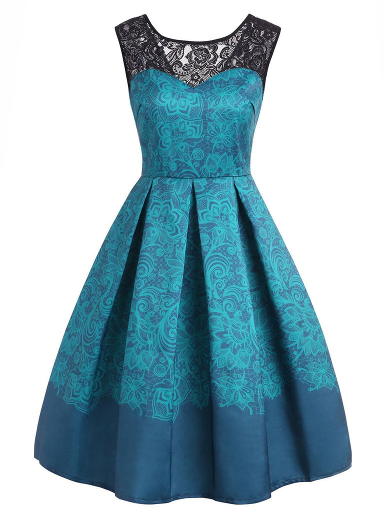 Abito blu con scollo a cuore floreale anni '50